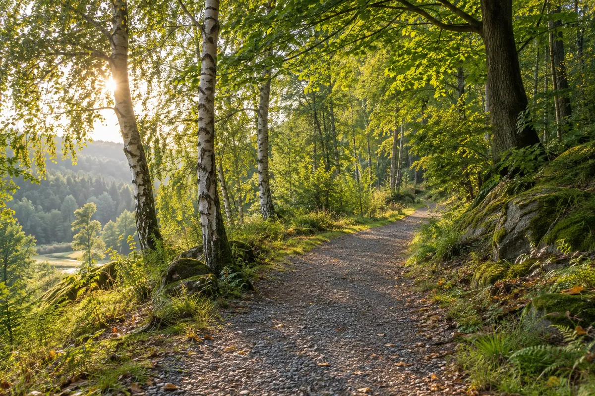 Illustrative woodland path in warm sunlight